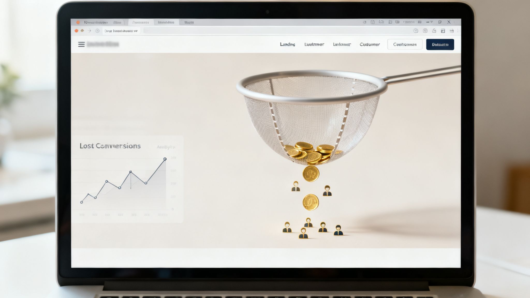 Laptop screen displays a website with 'Lost Conversions' graph and coins falling through a sieve to people icons.