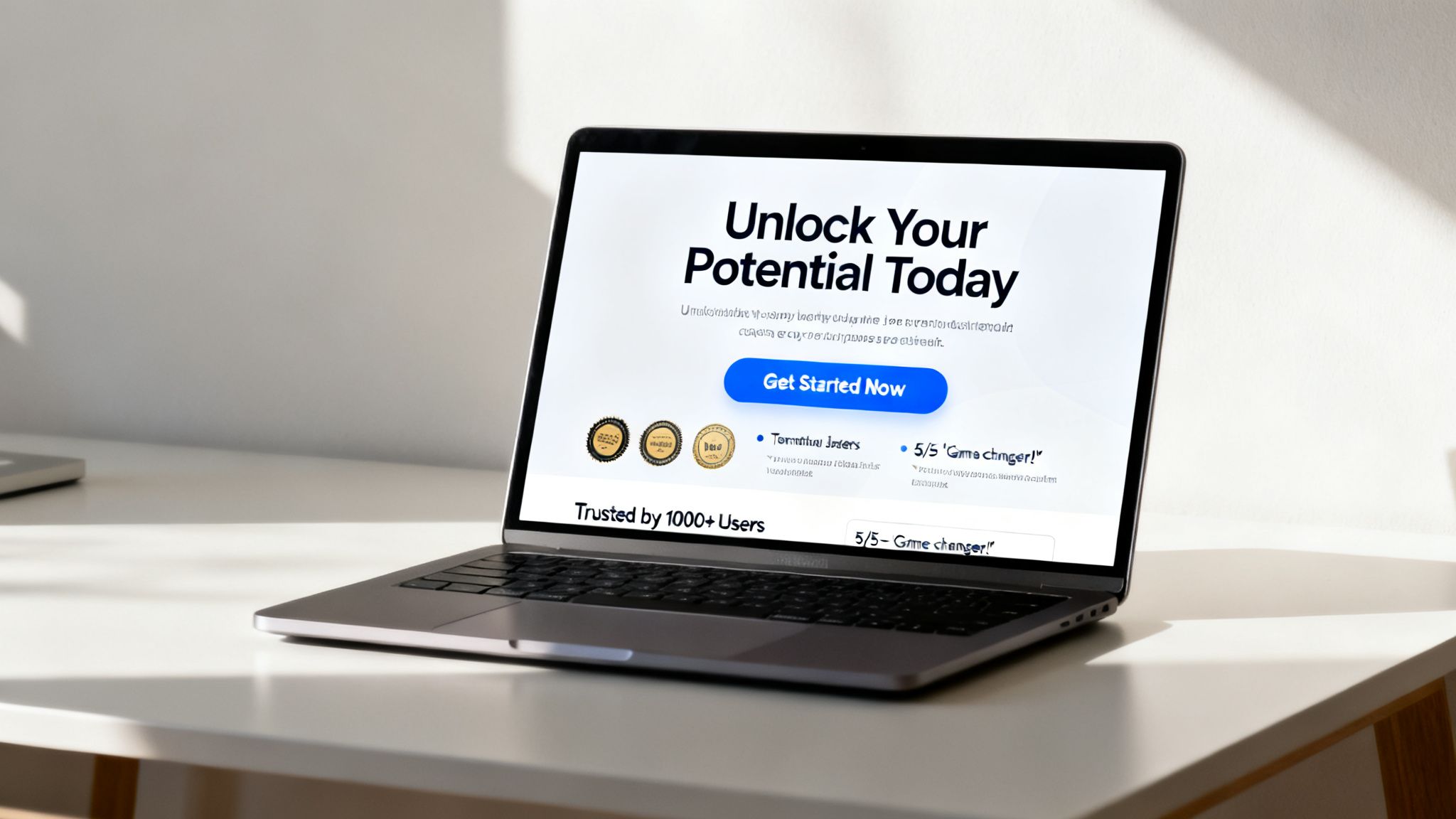 A laptop screen displays a conversion-optimized website with the title 'Unlock Your Potential Today' and a 'Get Started Now' button.