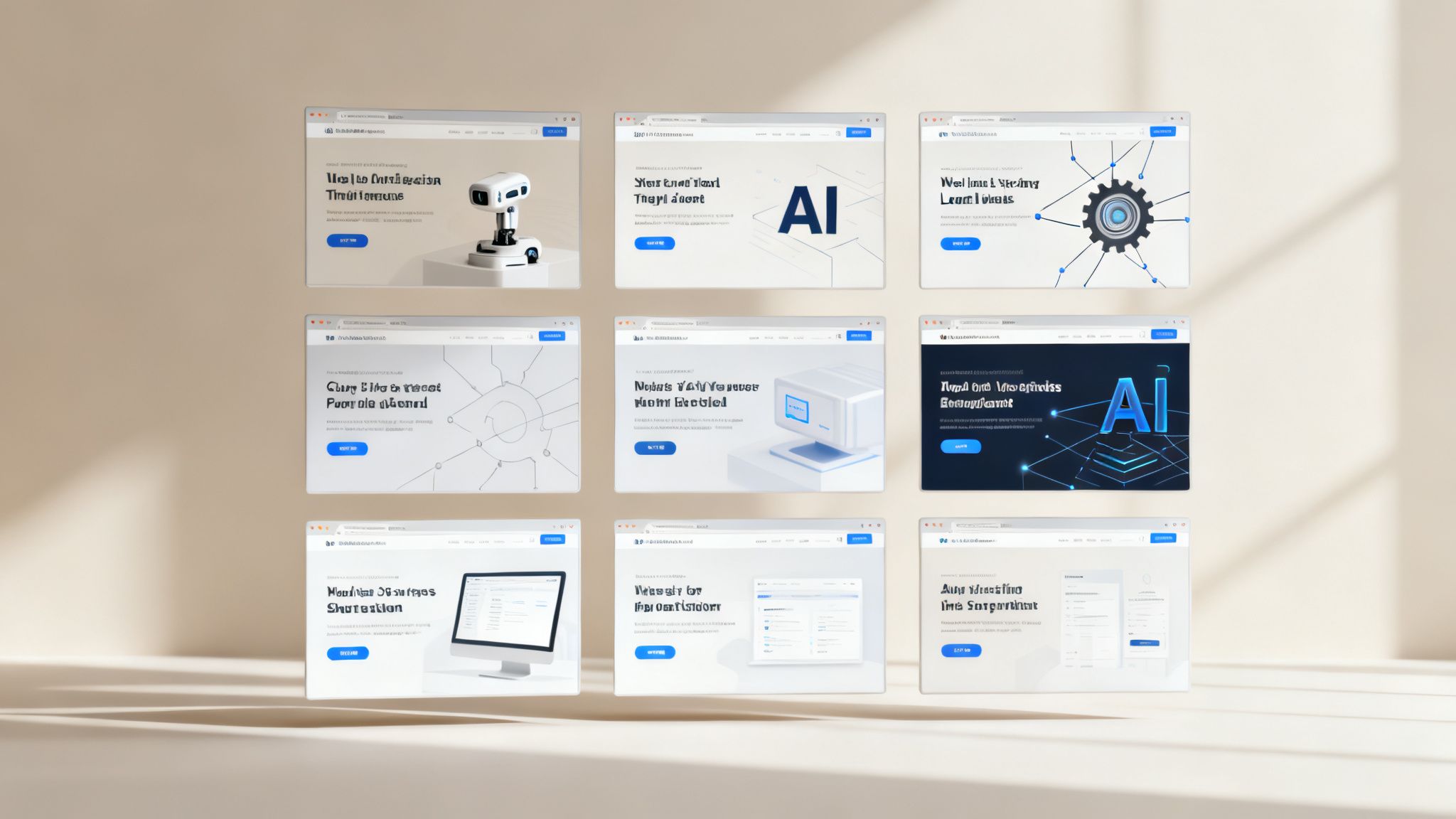 Nine distinct browser windows showcase various conversion-optimized website designs with technology and AI themes.