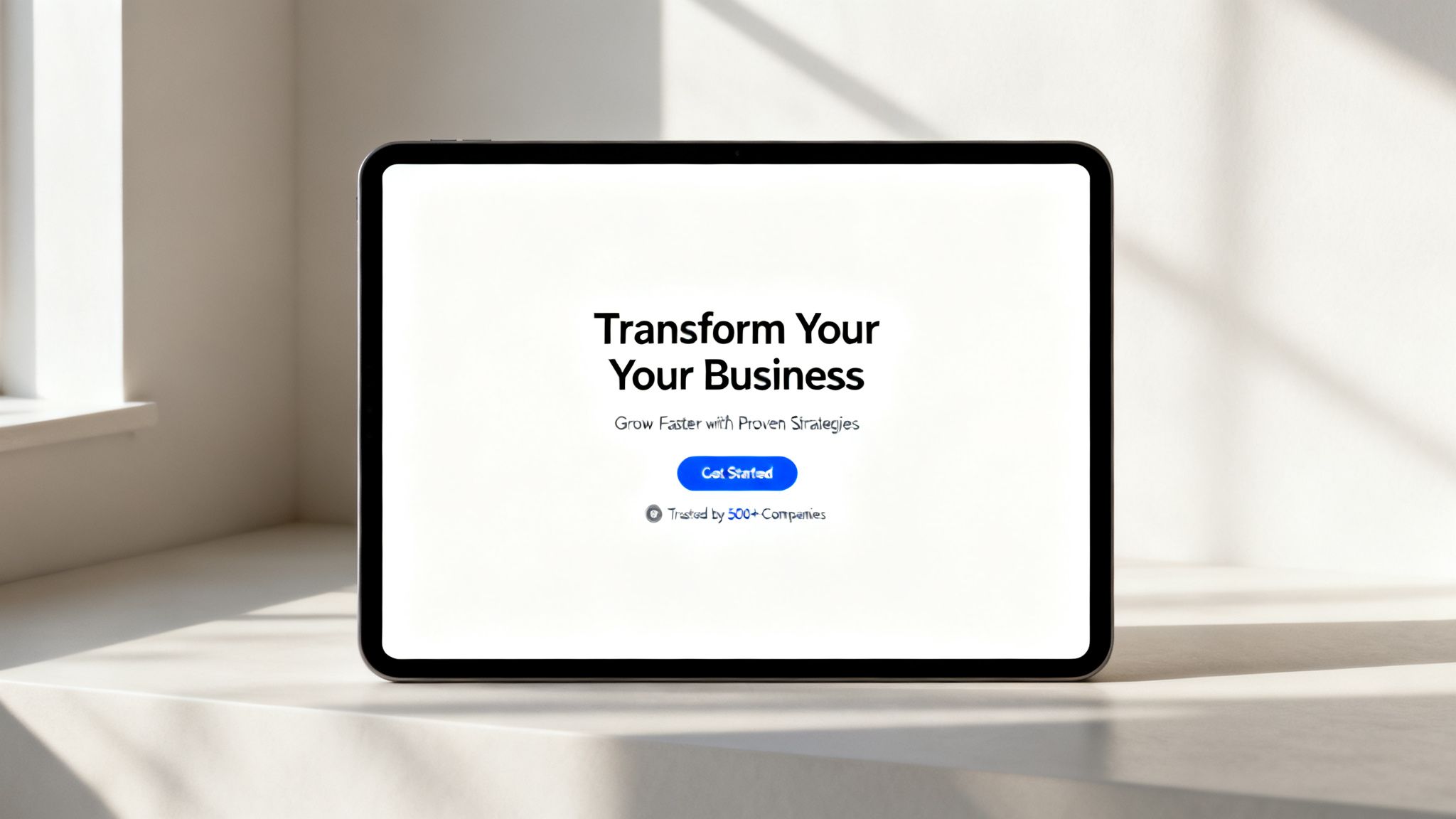 A tablet on a desk displays a business landing page for 'Transform Your Business' with a 'Get Started' call to action.
