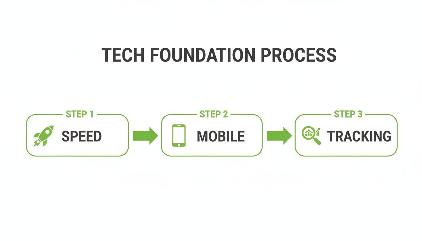 A diagram illustrating a three-step tech foundation process: Speed, Mobile, and Tracking.