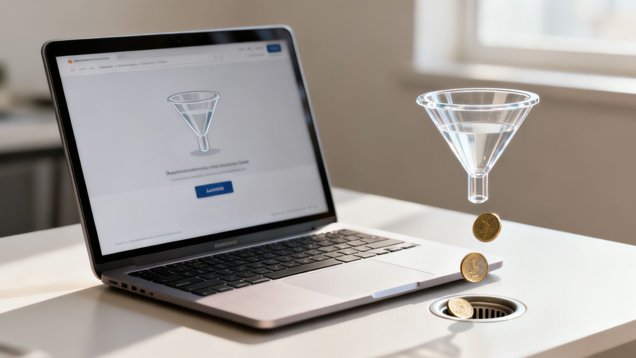 A laptop displays a funnel icon on its screen, while real coins flow from a funnel into a desk drain.
