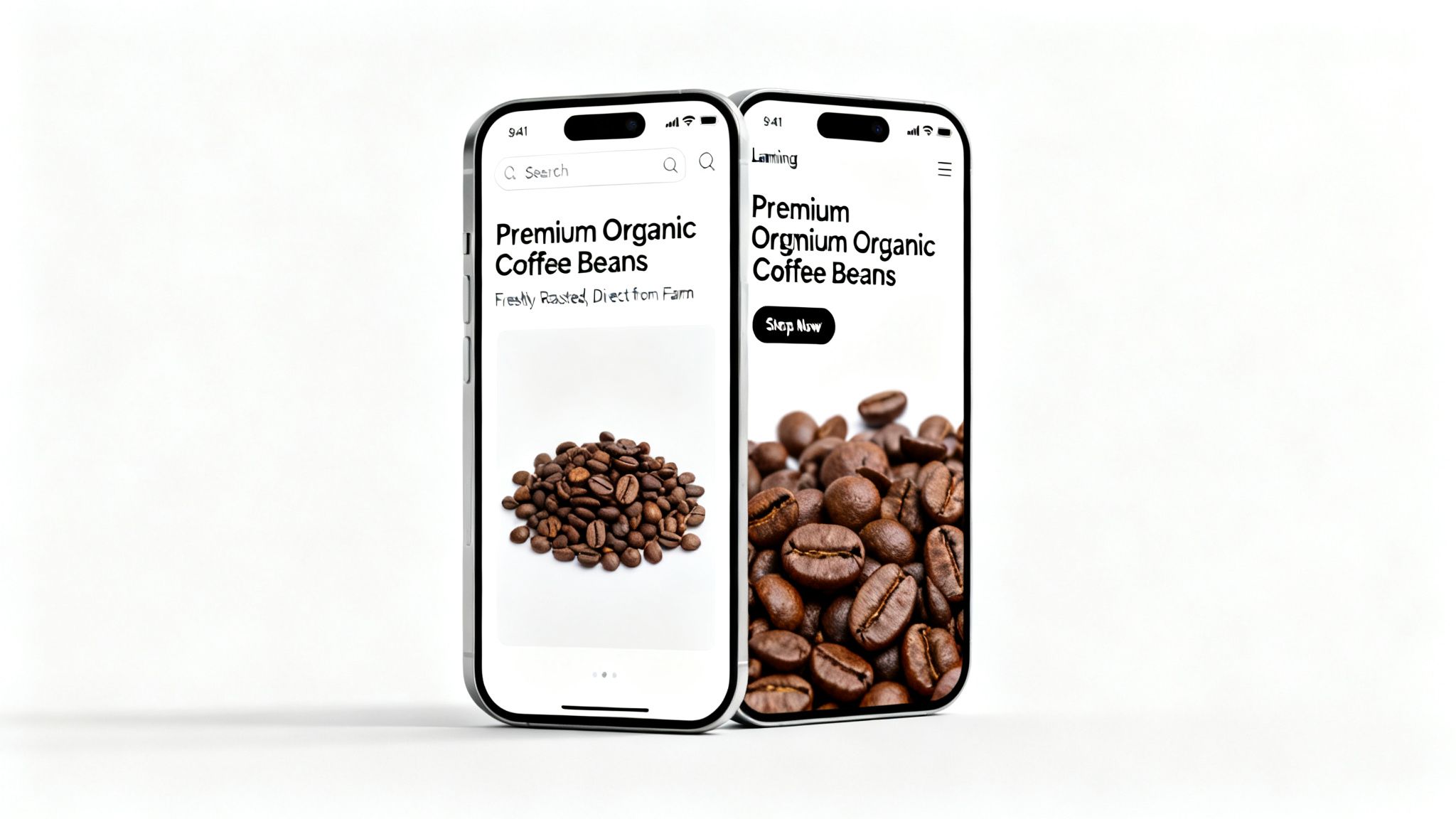 Two smartphones showcasing e-commerce landing pages for premium organic coffee beans.