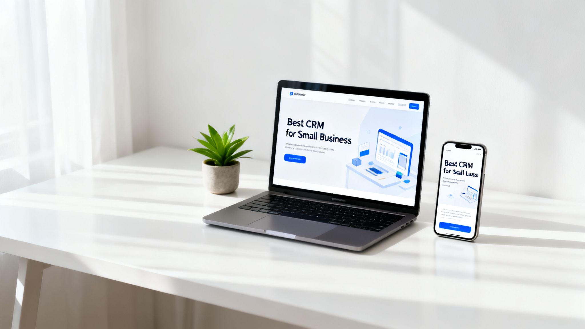 A laptop and smartphone display a 'Best CRM for Small Business' website on a bright white desk.