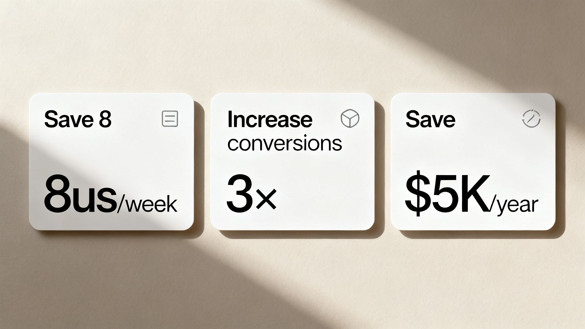 Three white cards display business metrics: 'Save 8us/week', 'Increase conversions 3x', and 'Save $5K/year'.