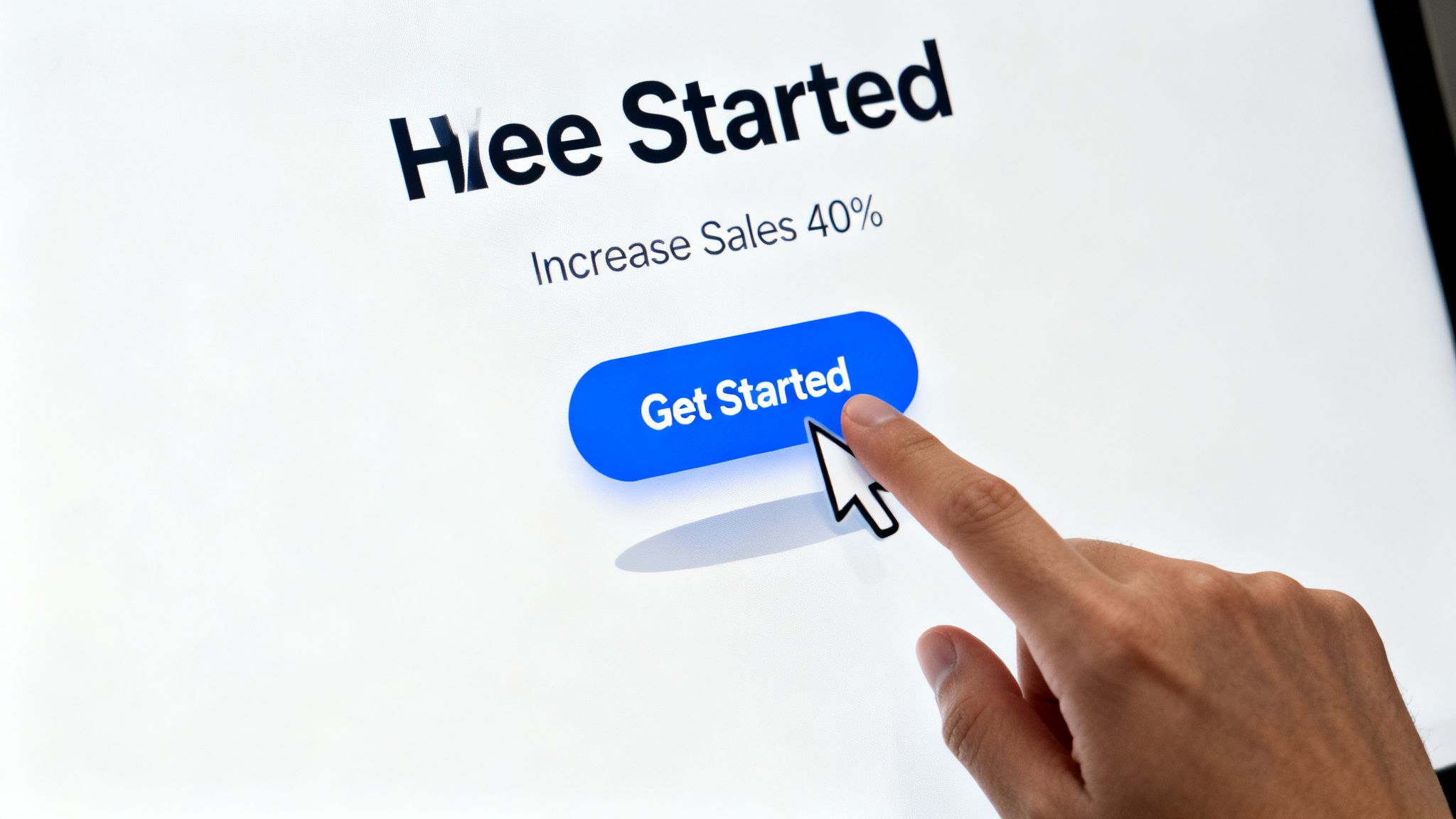 A hand clicks a 'Get Started' button on a screen that promises to 'Increase Sales 40%'.