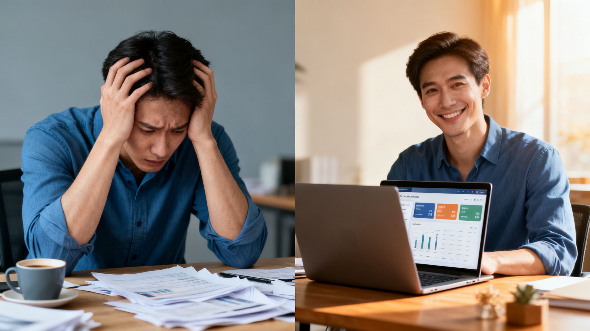 A man's transformation from stressed with messy papers to smiling while using a laptop with data.