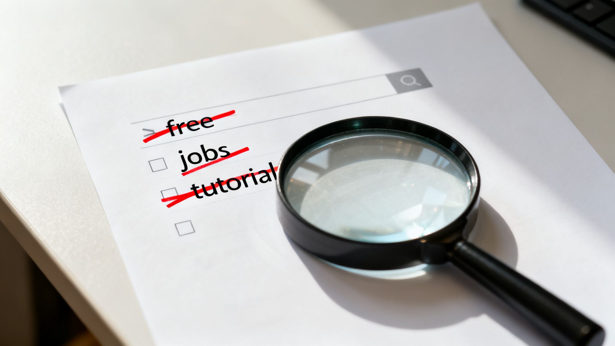 A paper shows search results 'free', 'jobs', 'tutorial' crossed out, with a magnifying glass.