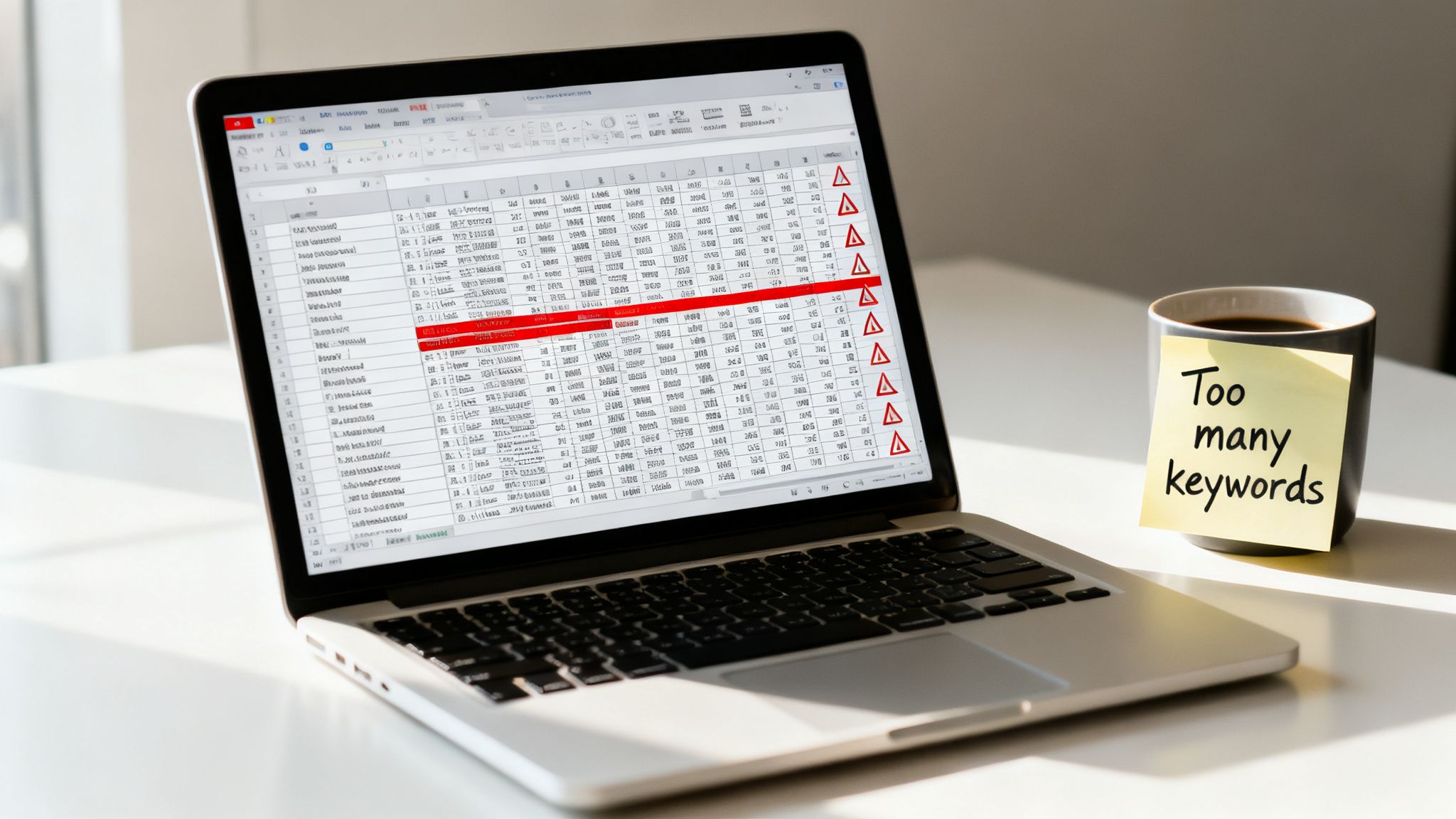 A laptop shows a spreadsheet with red warnings indicating too many PPC keywords, next to a 'Too many keywords' mug.