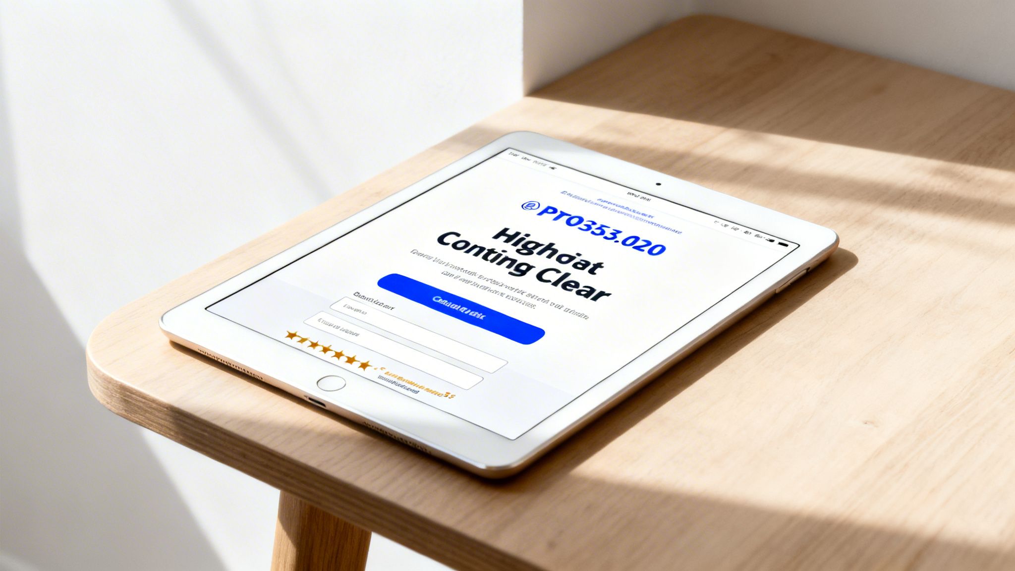 A white tablet displaying a website with a form and call to action on a wooden table.