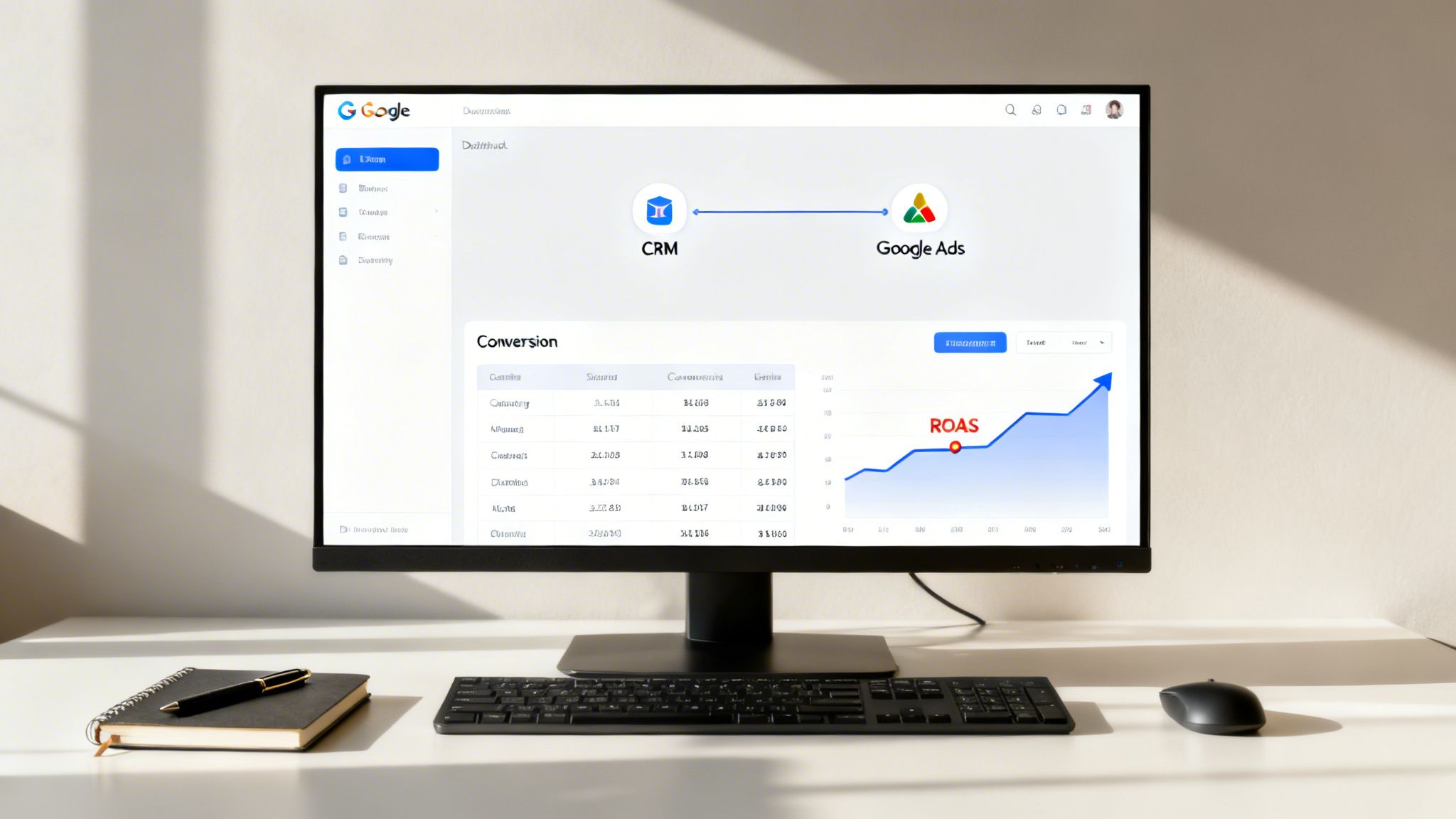A computer monitor displays a Google dashboard with CRM and Google Ads integration, showing conversion data and a ROAS graph.