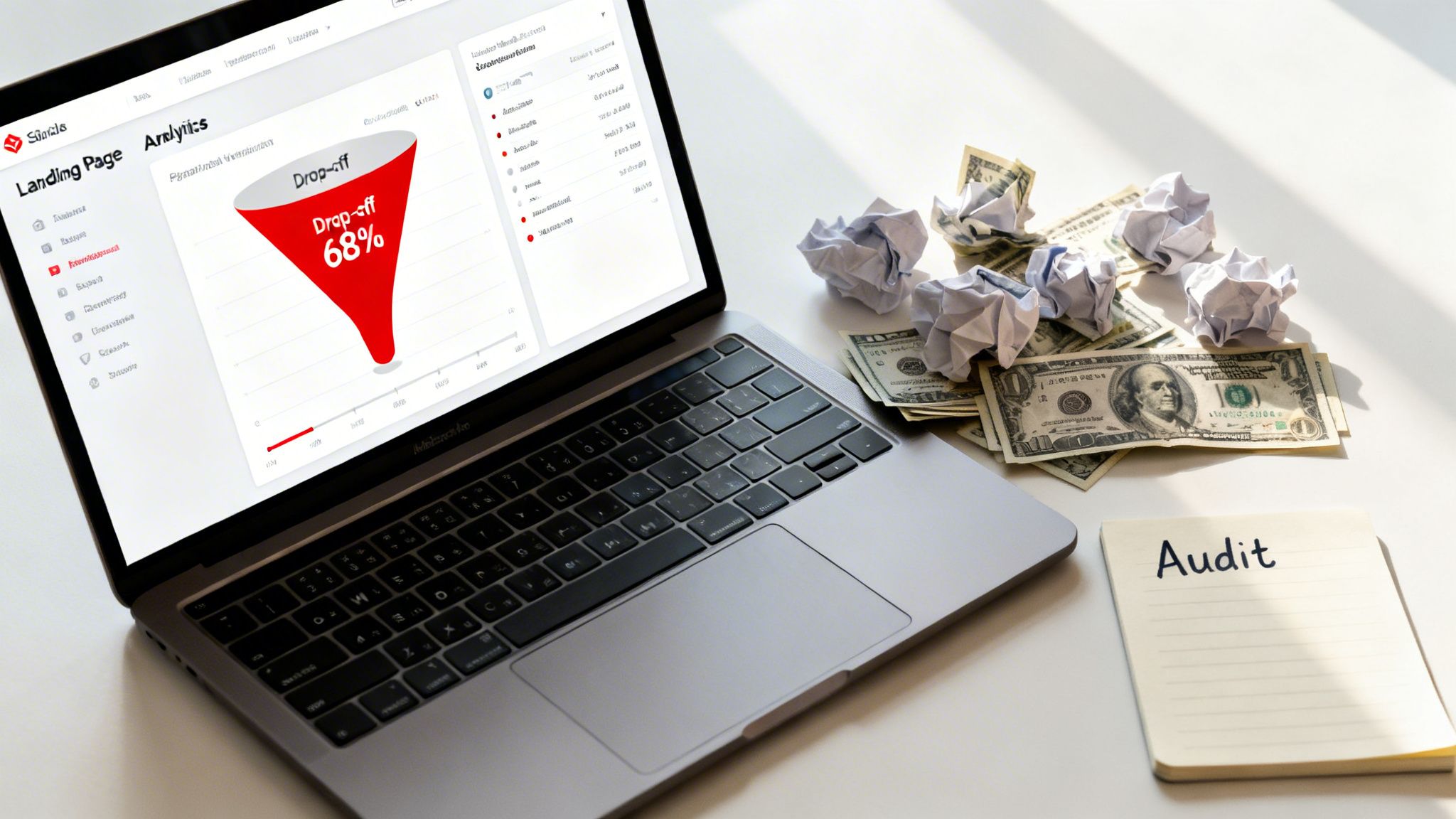 Laptop displaying website analytics with a 68% drop-off funnel, alongside crumpled papers, dollar bills, and an 'Audit' notebook.