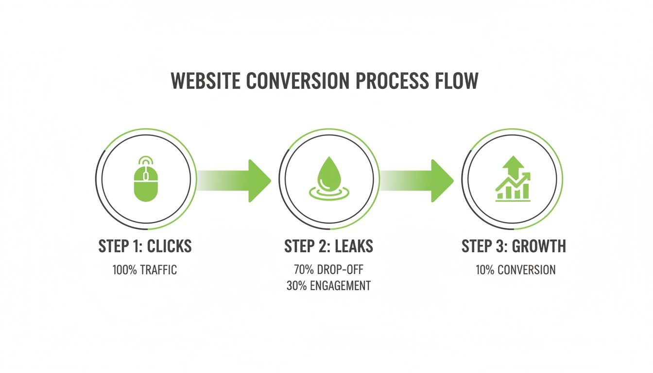 Flowchart illustrating website conversion process from 100% clicks to 10% growth after leaks.