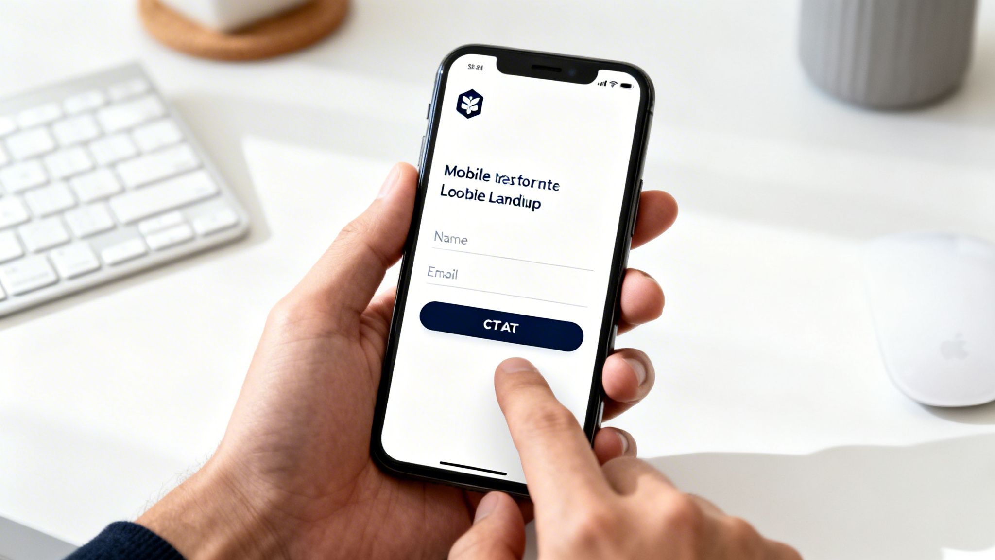 A person's hands holding an iPhone displaying a lead generation sign-up form with name, email, and CTAT button.