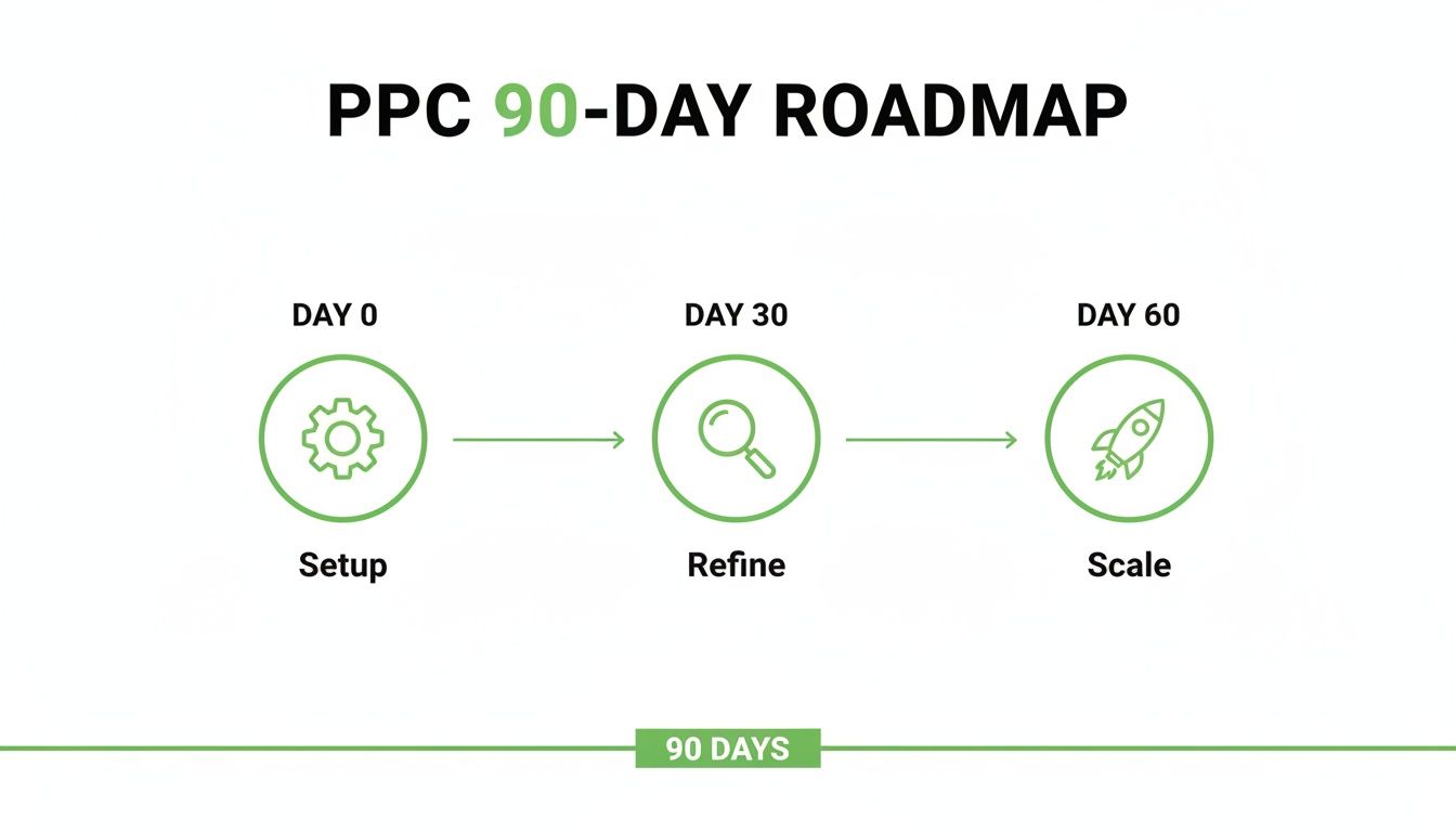 PPC 90-day roadmap illustrating three stages: Day 0 setup, Day 30 refine, and Day 60 scale.