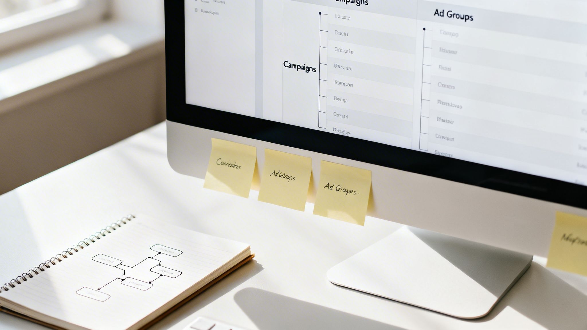 A desk with a computer monitor displaying ad campaigns, sticky notes, and a notebook with a flowchart.