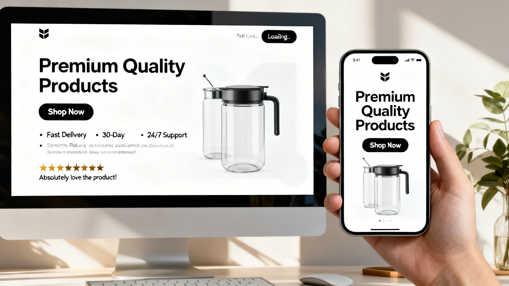 A desktop monitor and smartphone display an e-commerce website showcasing premium quality glass pitchers.