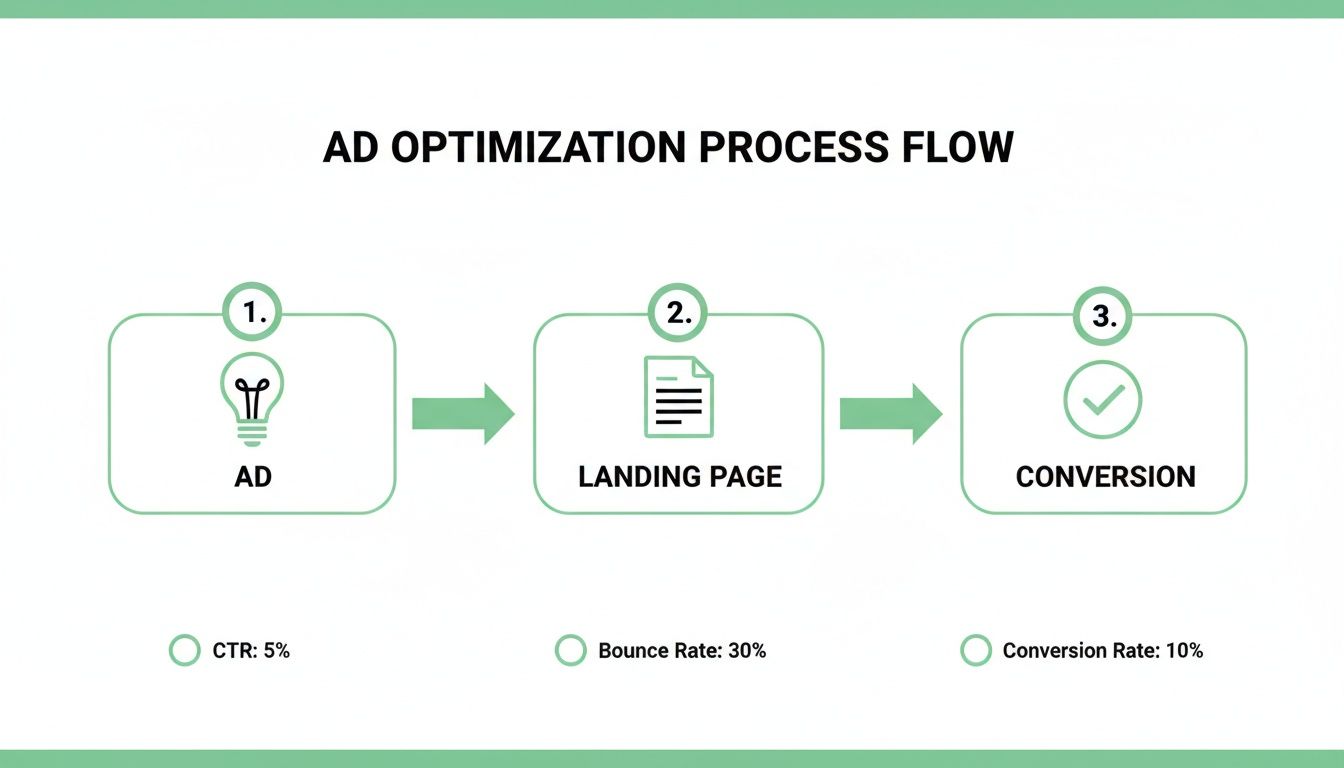 Ad optimization process flow showing steps: Ad (CTR 5%), Landing Page (Bounce Rate 30%), Conversion (Conversion Rate 10%).
