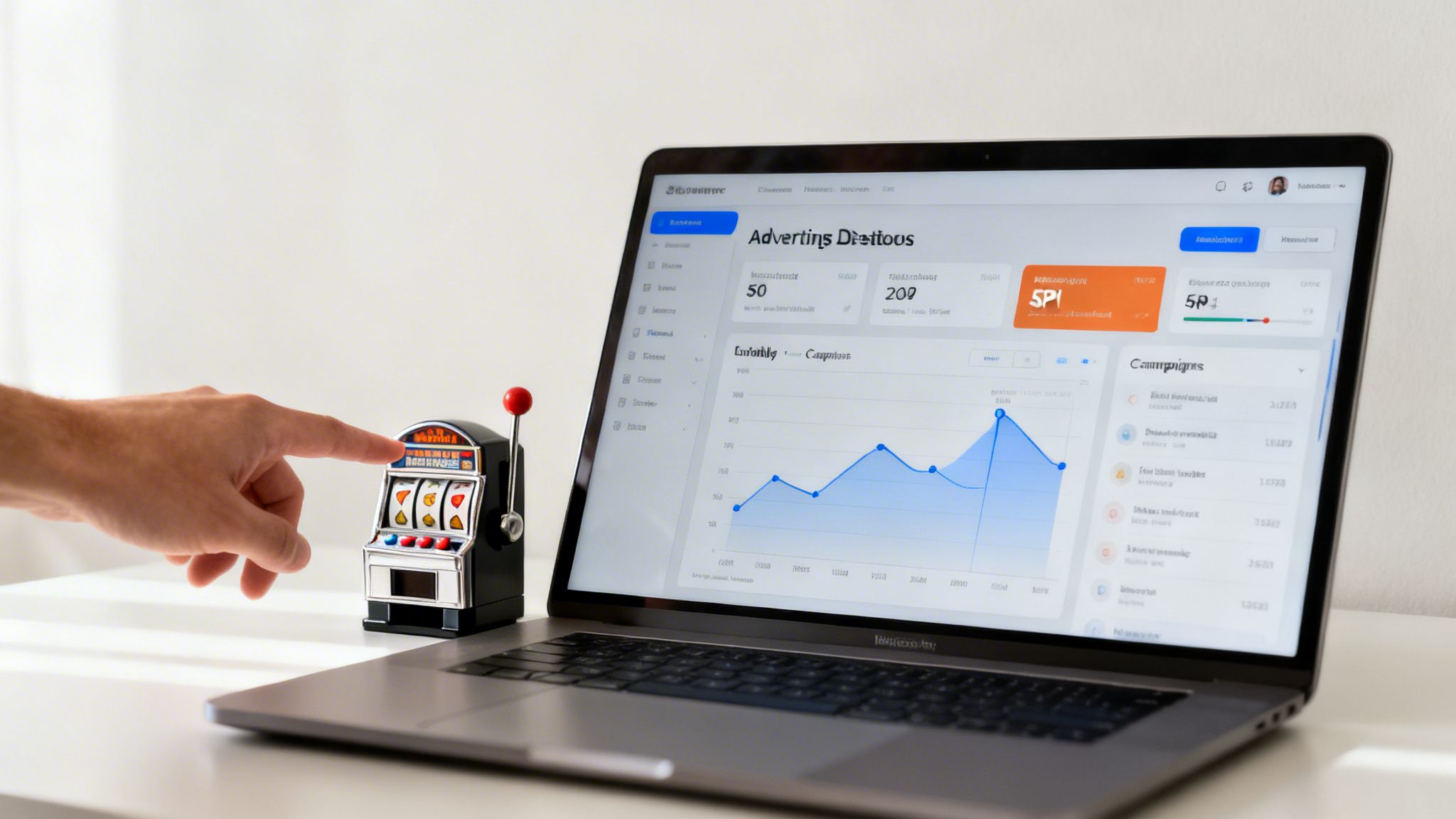 Hand plays a miniature slot machine next to a laptop displaying advertising campaign optimization data.
