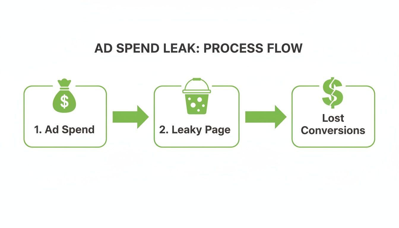 Diagram illustrating the ad spend leak process: ad spend, leaky page, and lost conversions.