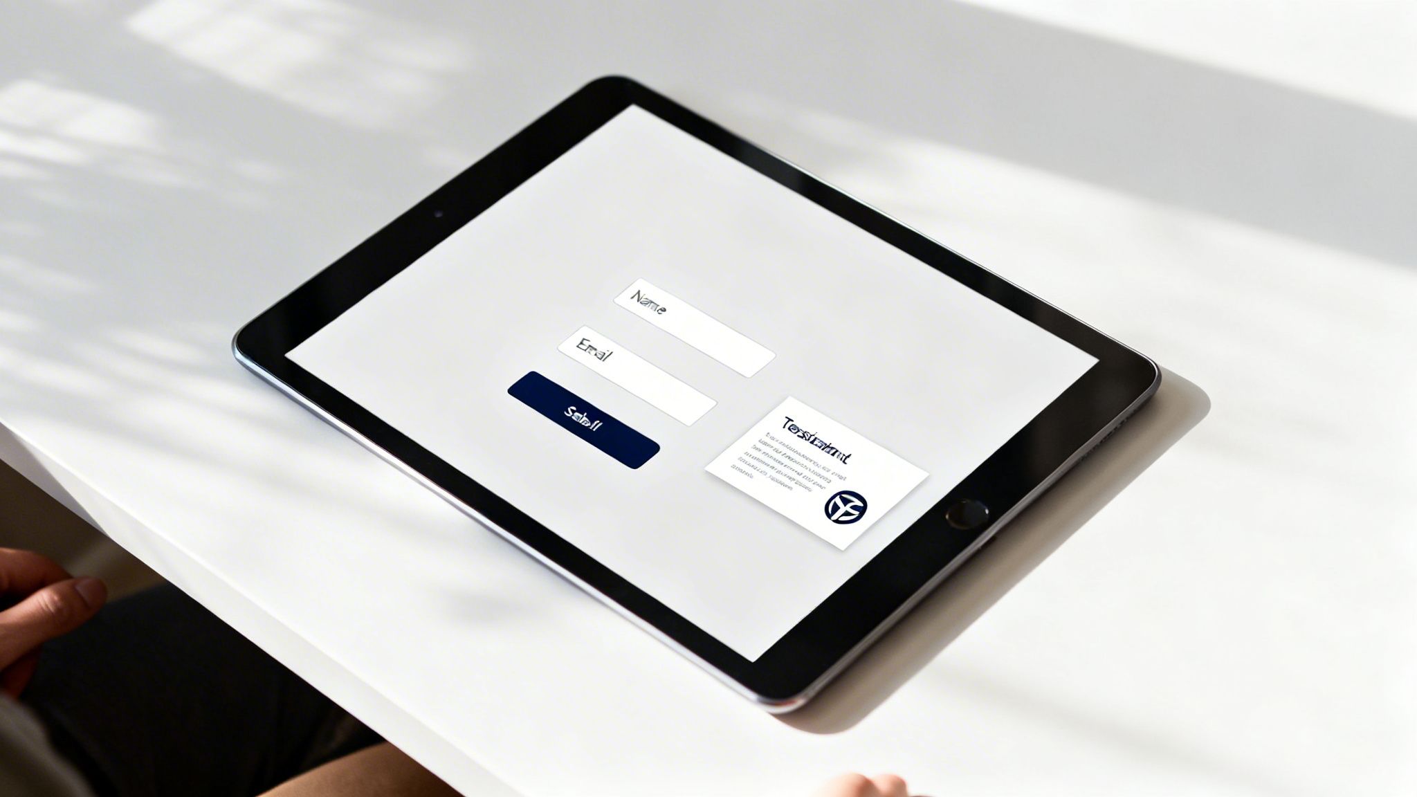 A tablet on a white desk displaying a landing page form with name, email, and a submit button.