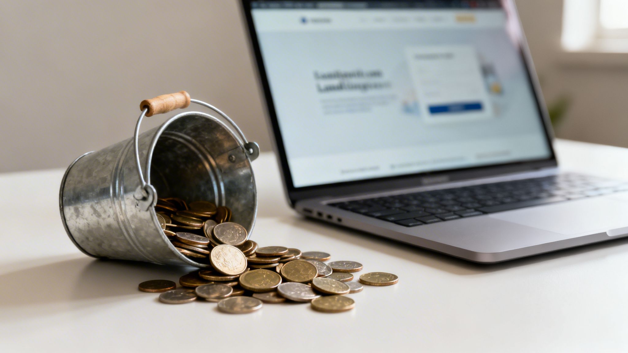 A metal bucket spilling coins sits beside a laptop showing a landing page, symbolizing online earnings.