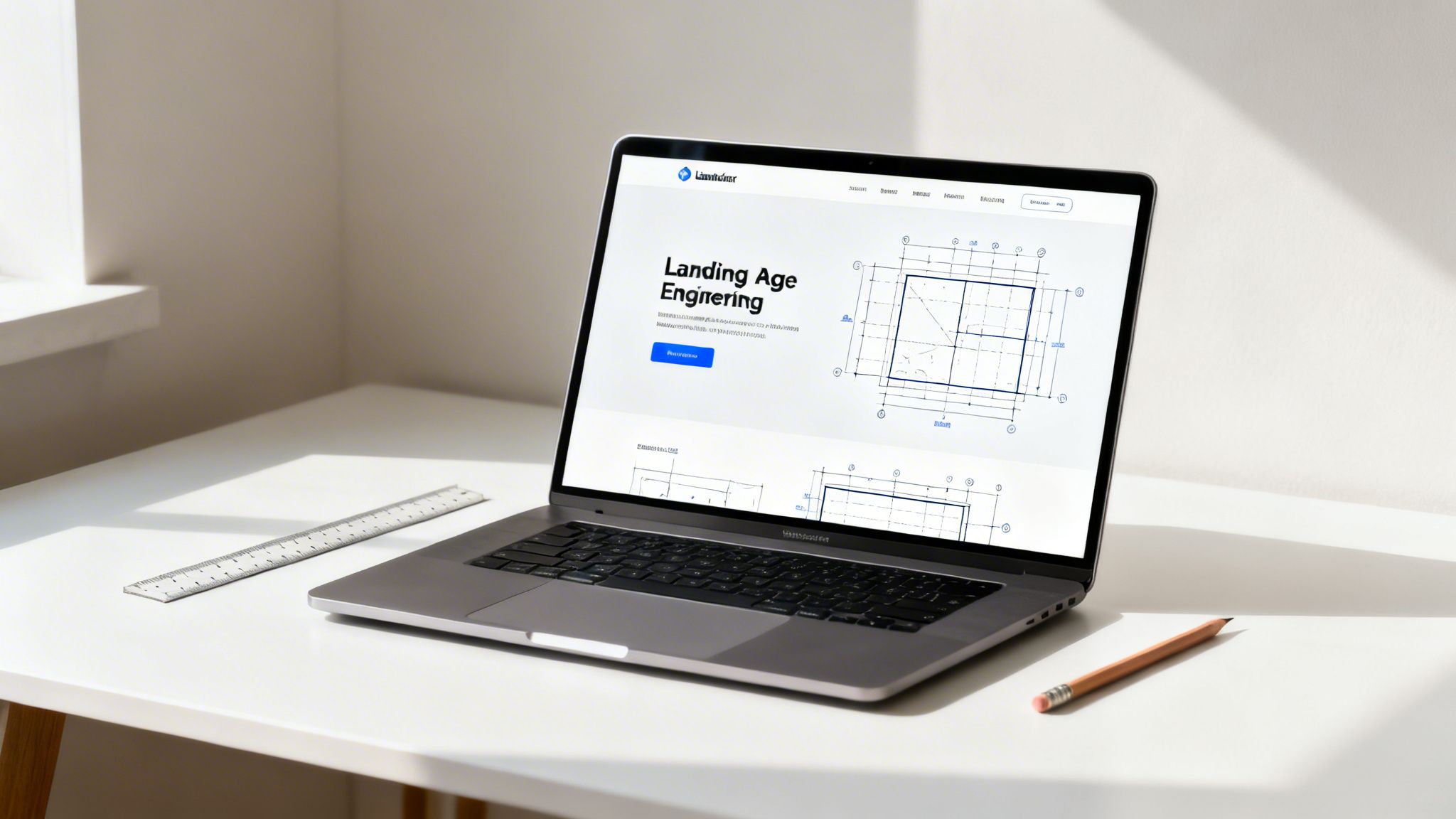 Laptop on a white desk displaying a landing page with engineering blueprints, a ruler, and pencil.