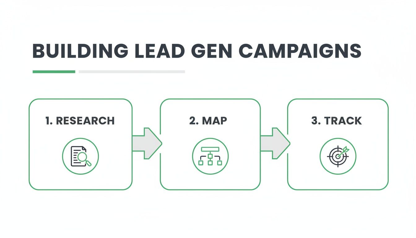A three-step diagram outlining the process of building lead generation campaigns: research, map, and track.