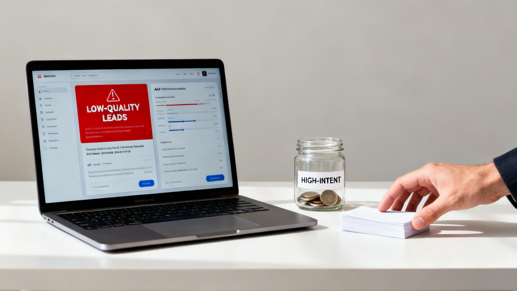 A laptop shows 'low-quality leads,' next to a 'high-intent' coin jar, symbolizing lead generation strategies.