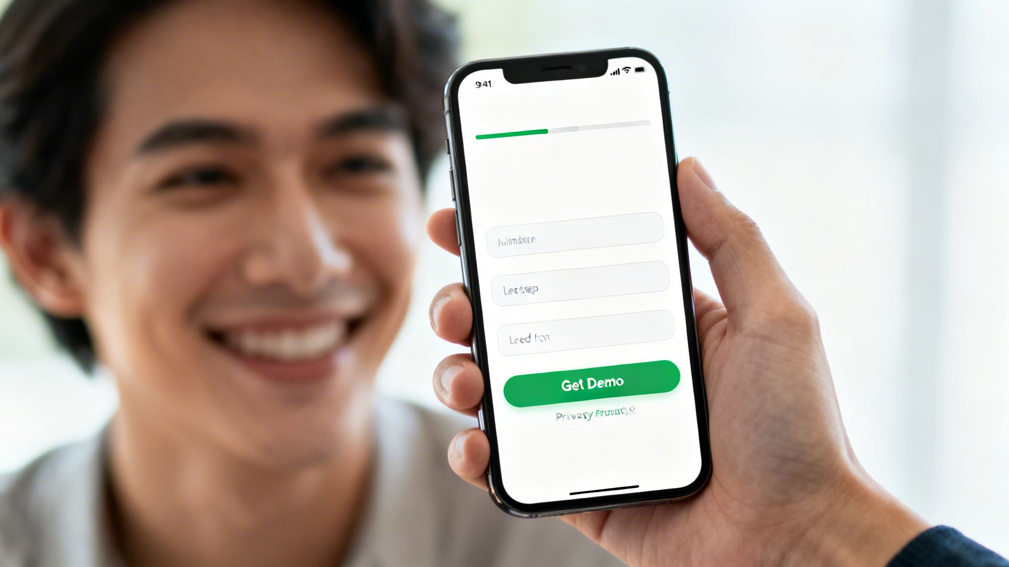 A smiling person in the background while a hand holds a smartphone displaying a lead generation form.