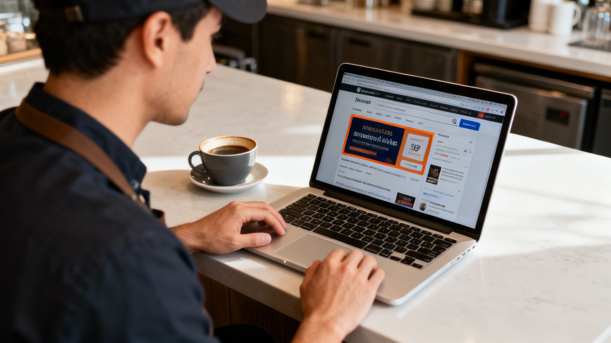 A man in an apron sips coffee while working on a laptop at a cafe counter, looking at the screen.