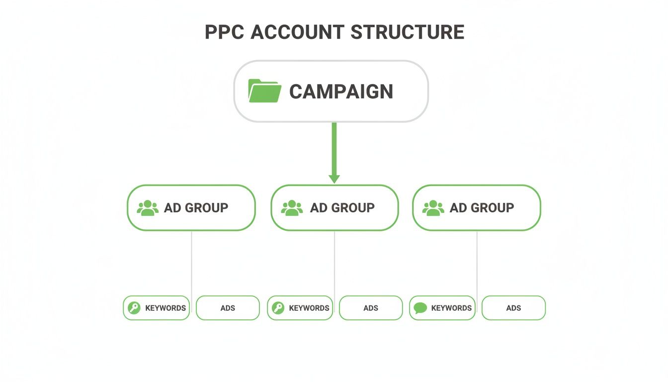 Diagram illustrating the hierarchical PPC account structure with a campaign at the top, leading to multiple ad groups, keywords, and ads.