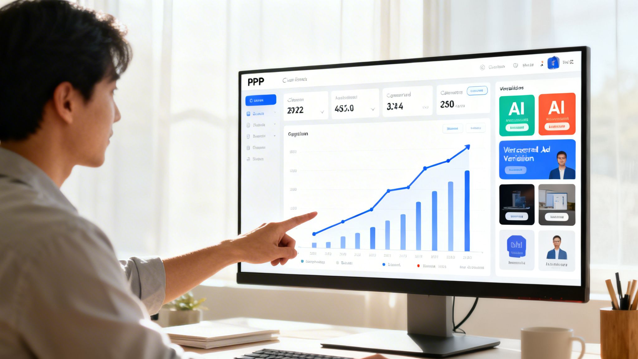 A man points at a computer screen displaying a business analytics dashboard with graphs.