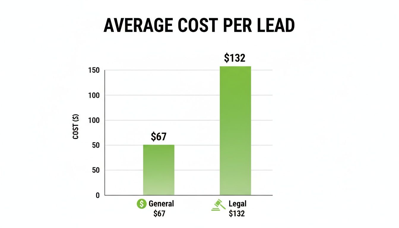 Bar chart displaying the average cost per lead, with General at $67 and Legal at $132.