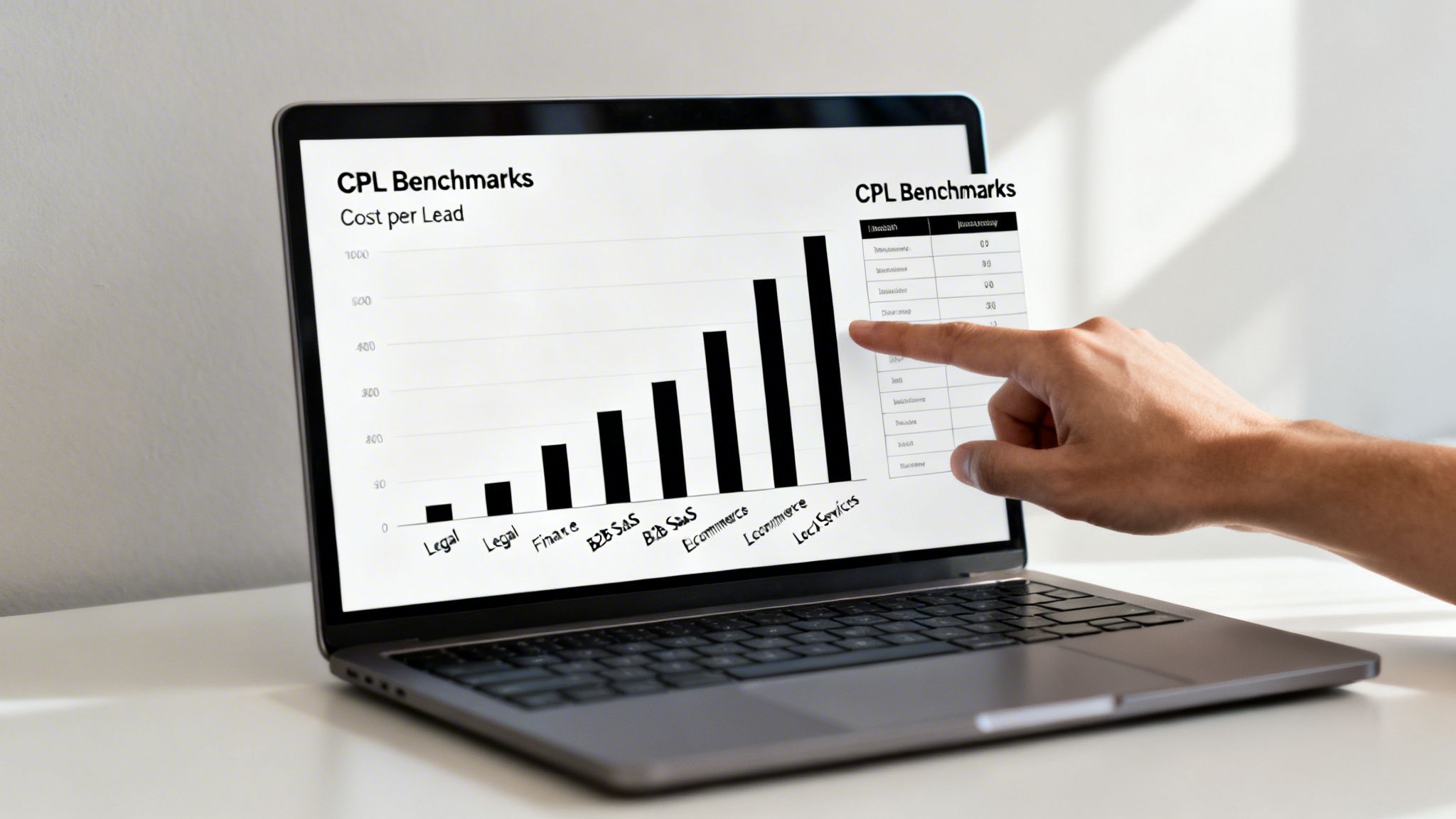 A hand pointing at a laptop screen displaying a bar chart and table of CPL benchmarks by industry.