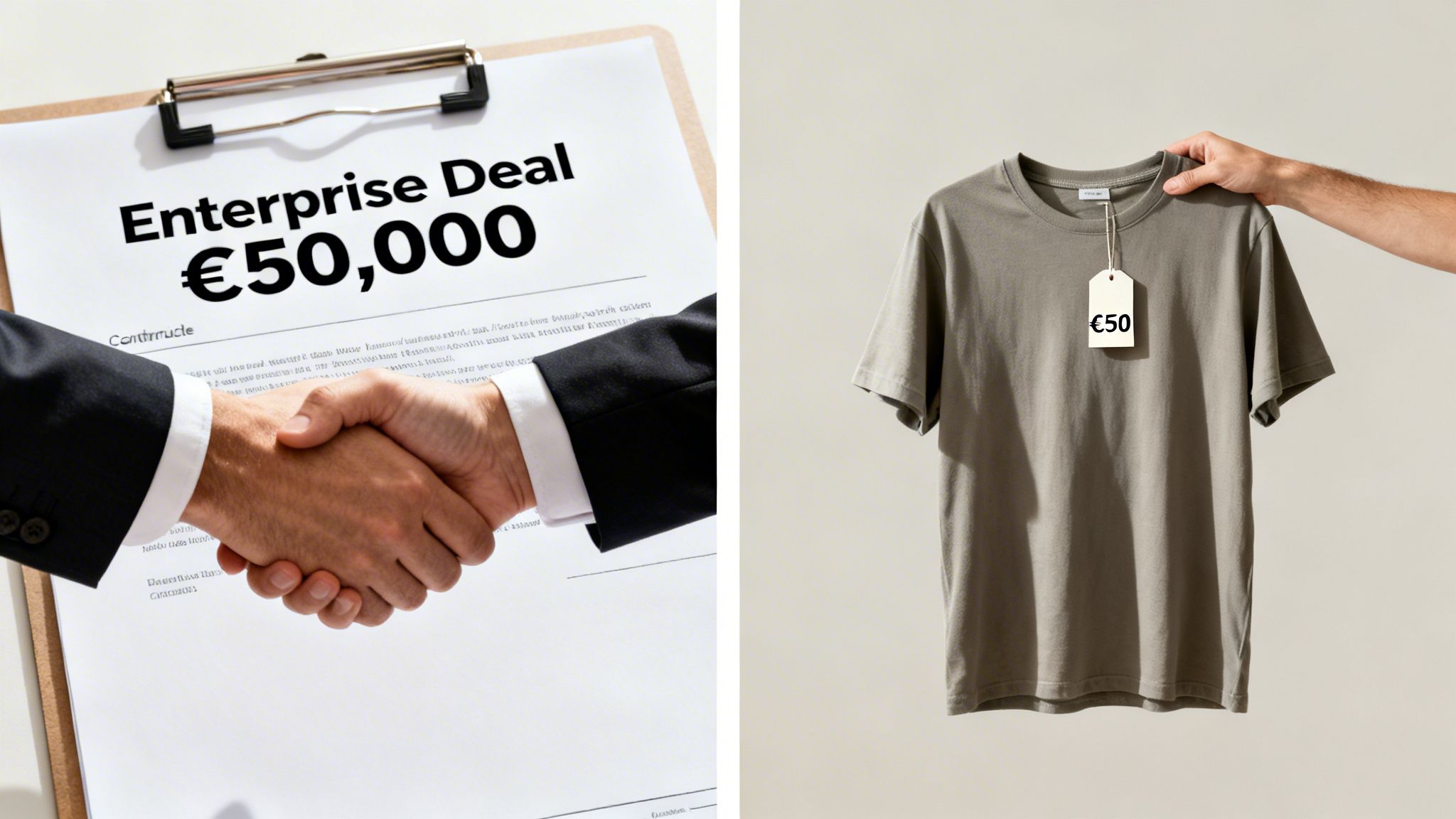 Two businessmen shaking hands on an enterprise deal for €50,000, contrasted with a hand holding a t-shirt priced at €50.