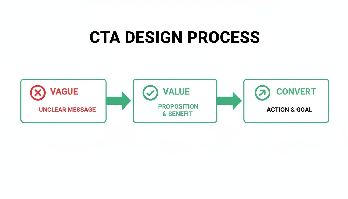 Diagram illustrating the CTA design process, moving from vague messages to value and then conversion.