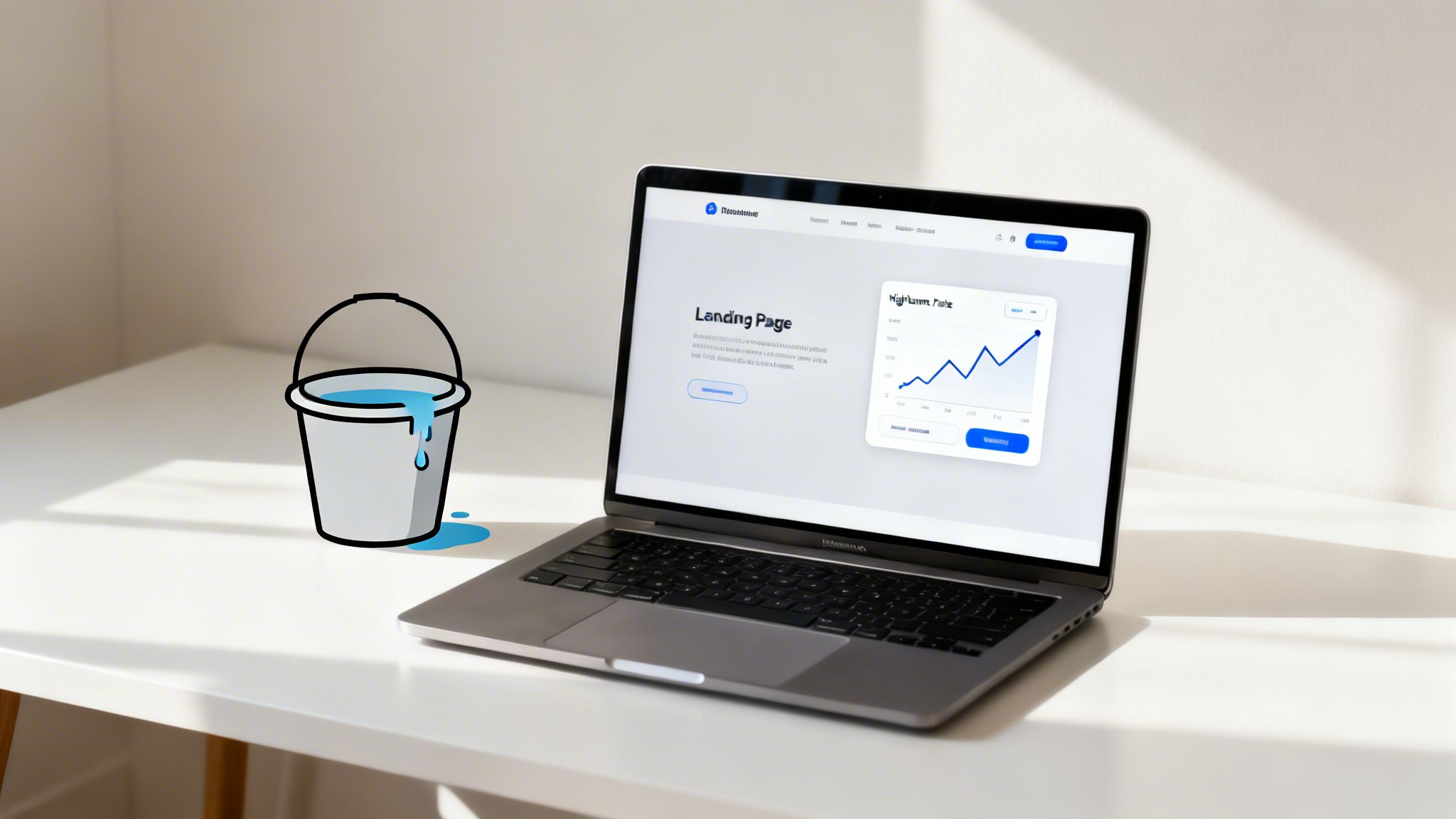 A laptop showing a landing page design and a cartoon bucket spilling blue water on a white desk.