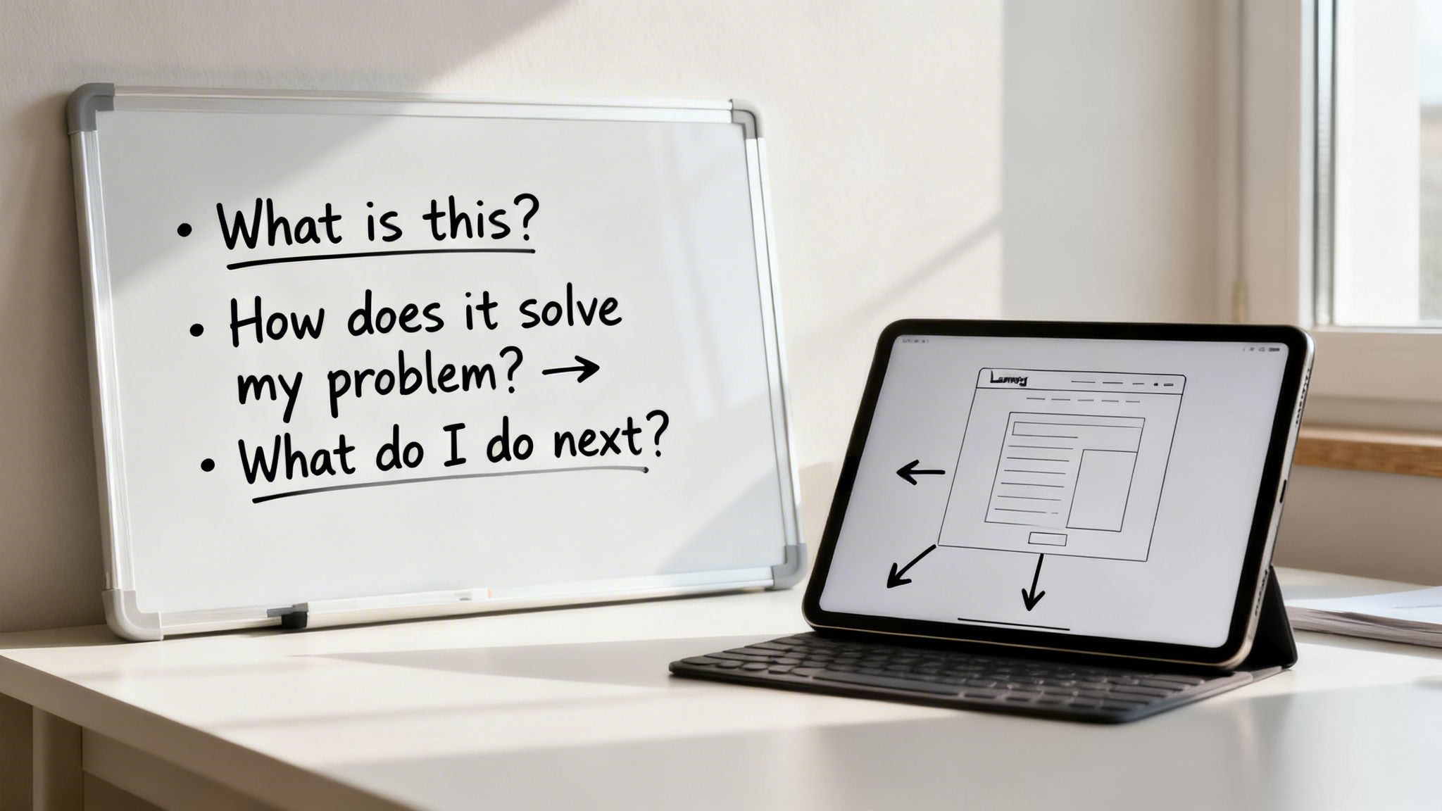 Whiteboard with user experience questions next to a tablet showing a website wireframe.
