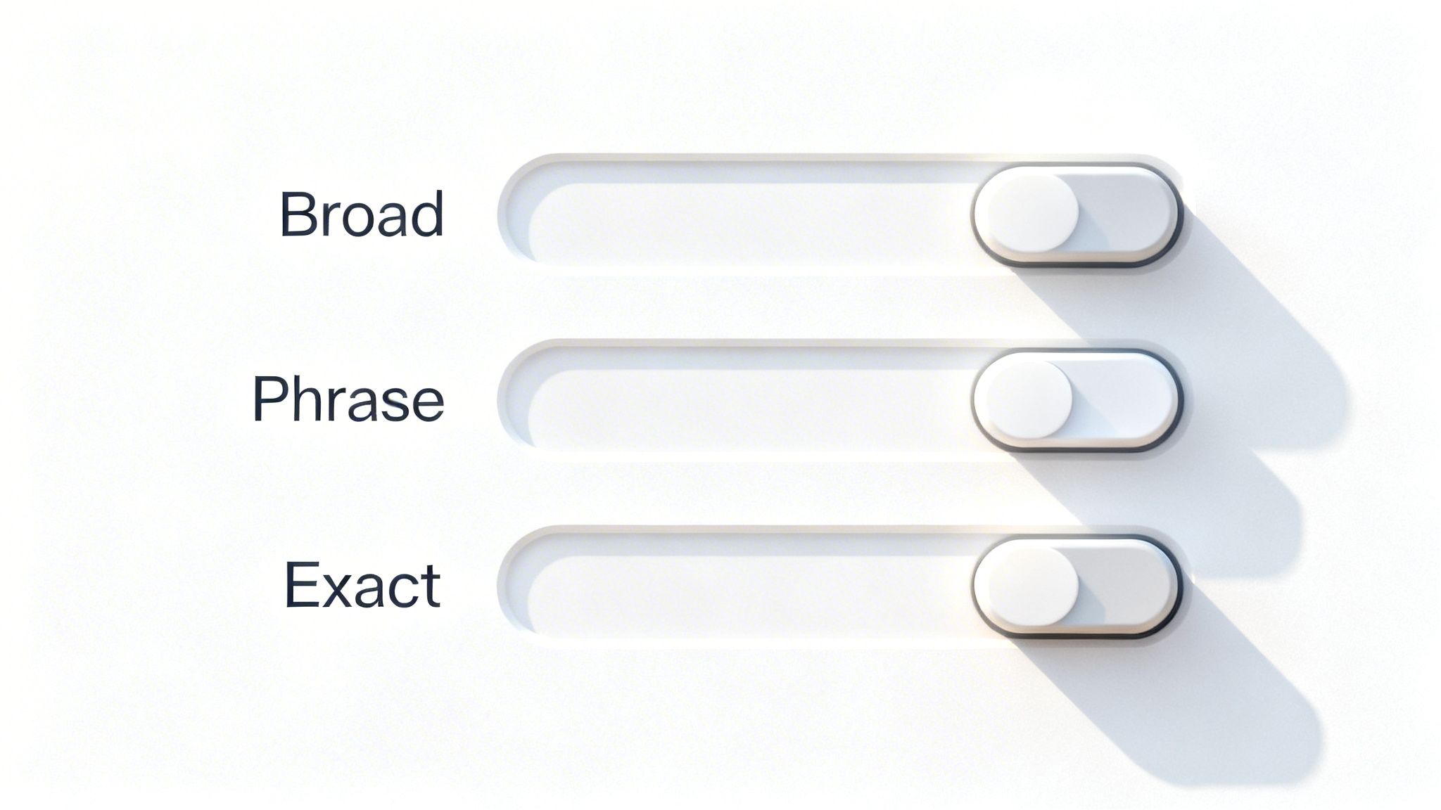 Three white toggle switches with labels Broad, Phrase, and Exact, all set to off.