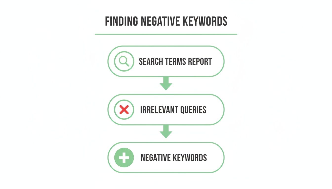 Flowchart illustrating the process of finding negative keywords, from search terms reports to identifying irrelevant queries.