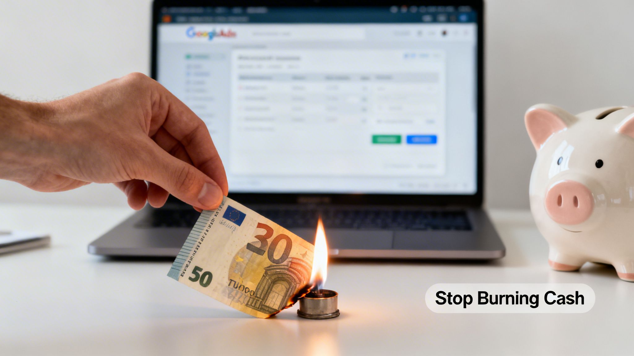 A hand burns a 50 Euro note over a flame, with a Google Ads screen and piggy bank in the background, symbolizing wasted money.