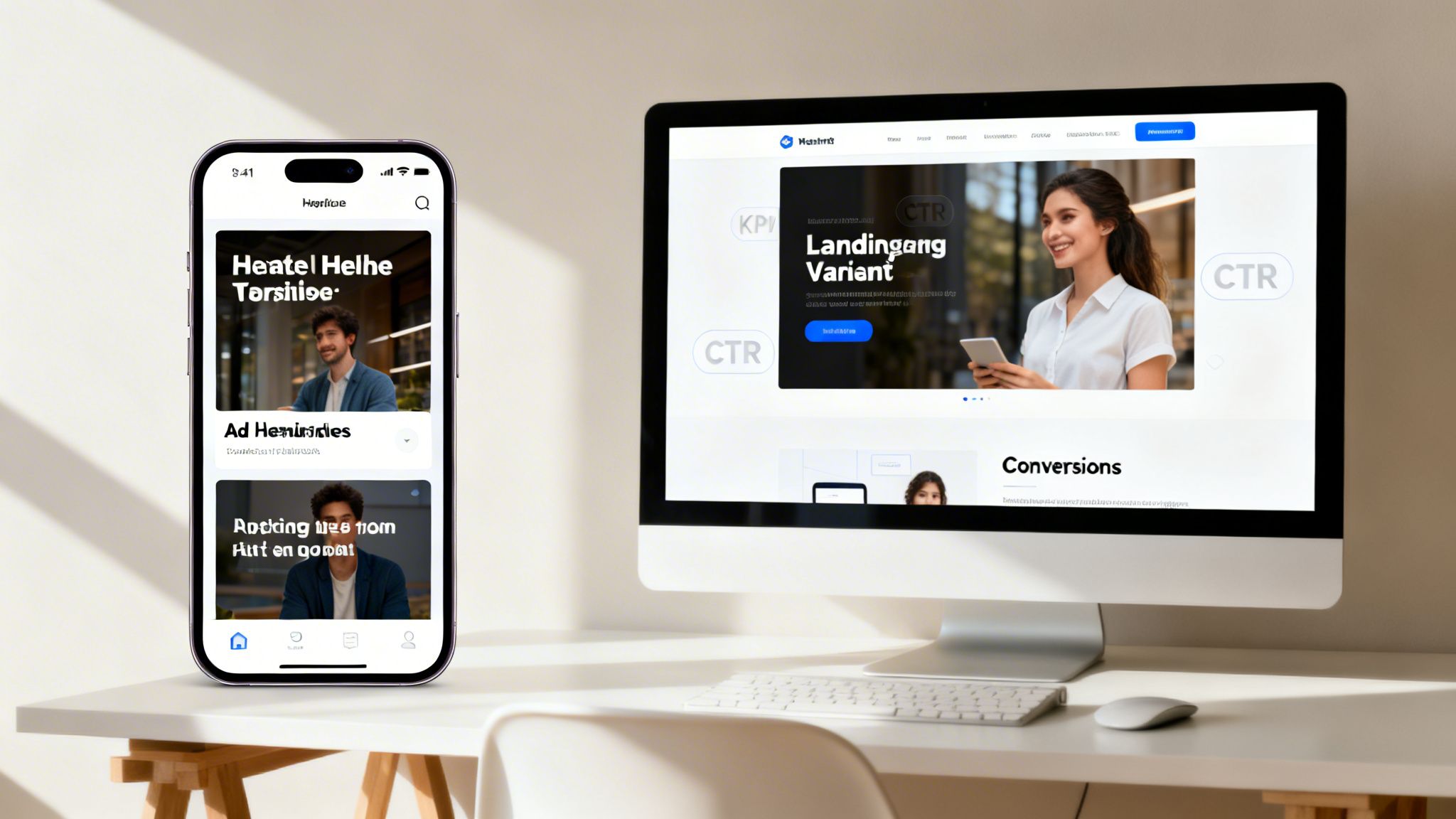 A smartphone and desktop monitor display A/B testing dashboards with variants, CTR, and conversion metrics.