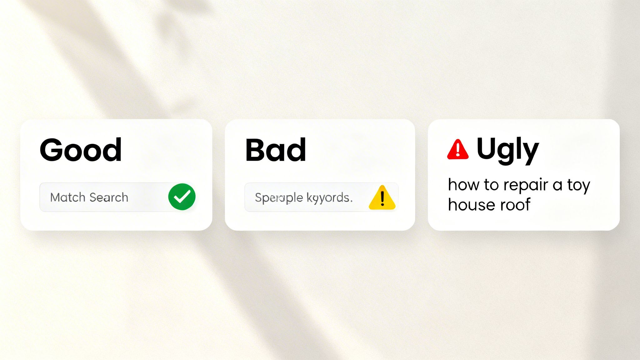 Three cards illustrating good, bad, and ugly keyword examples for search queries and their quality.