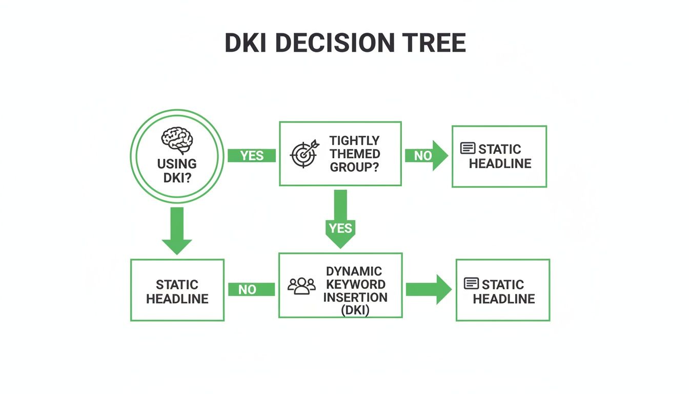 DKI Decision Tree flowchart showing when to use Dynamic Keyword Insertion or a Static Headline.