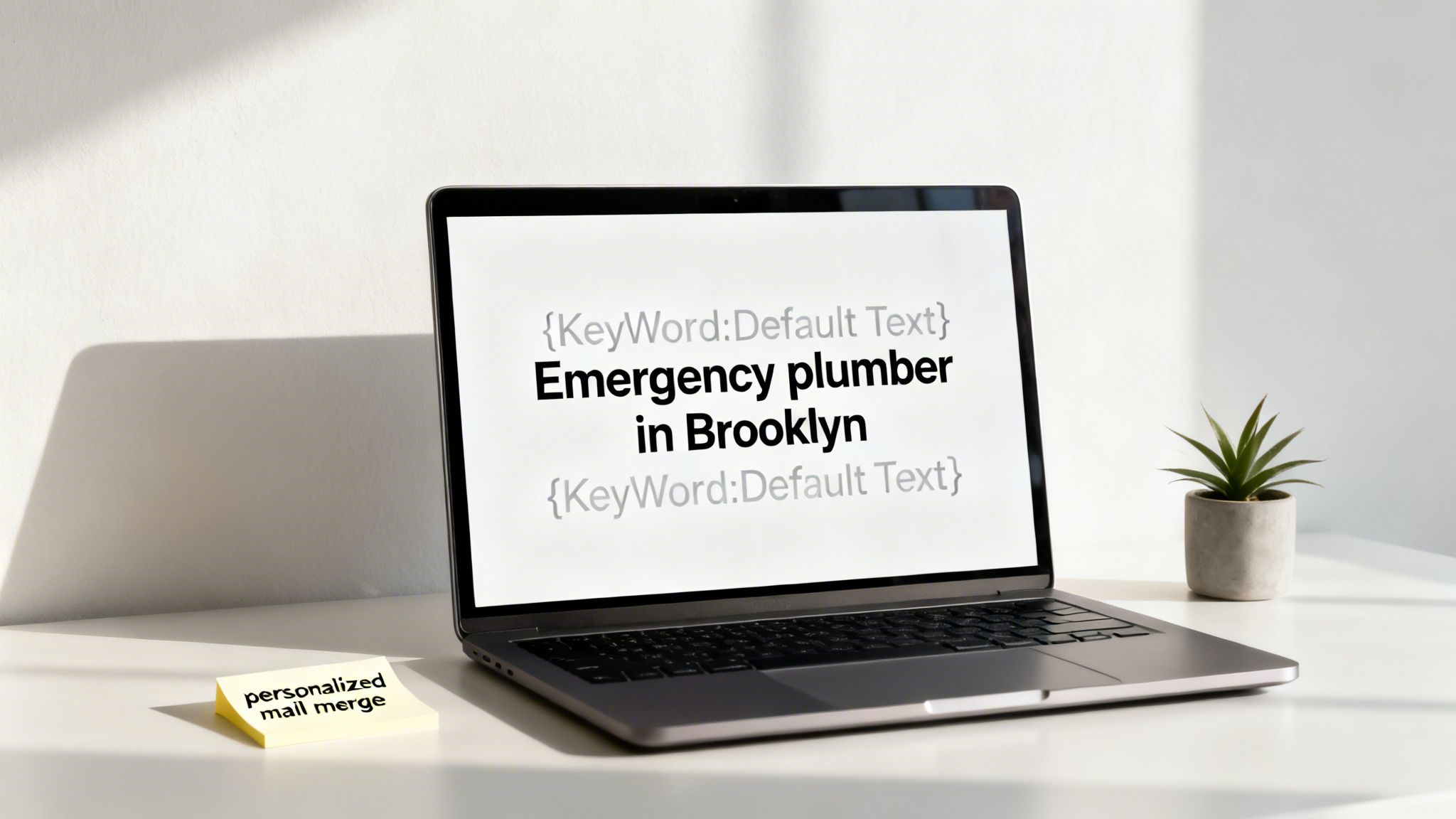 Laptop screen displays 'Emergency plumber in Brooklyn' with dynamic keyword placeholders and a personalized mail merge note.
