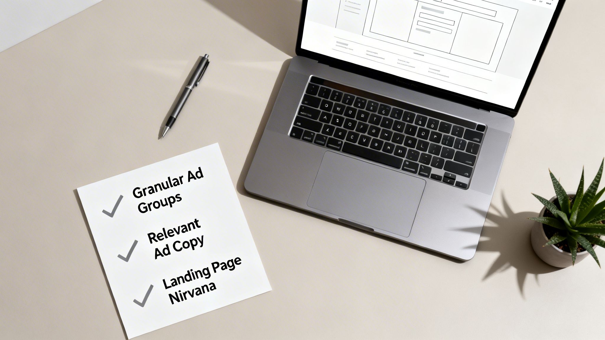 A flat lay of a desk with a laptop, pen, plant, and a checklist for quality score optimization.