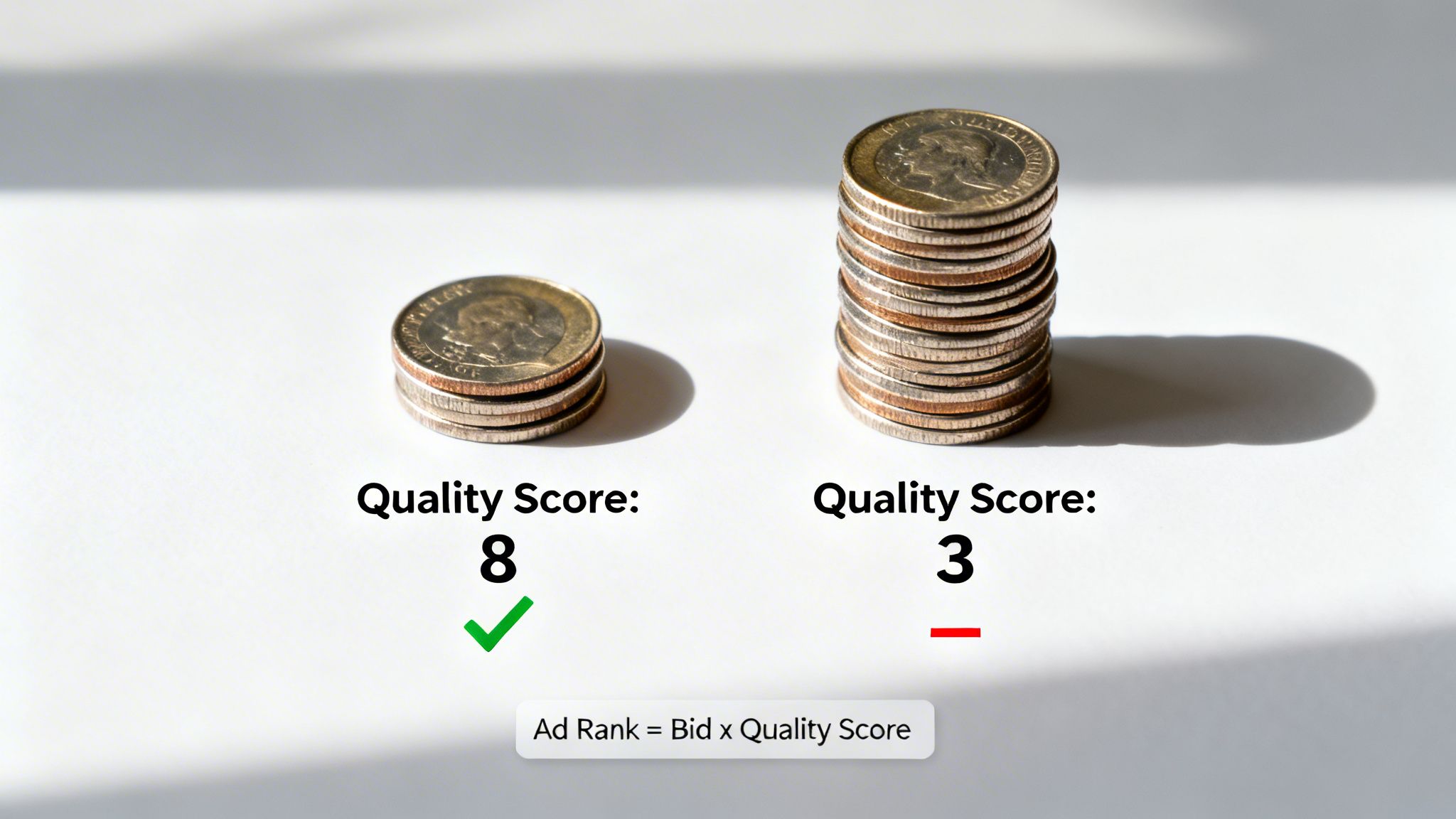 Coins showing Quality Score 8 (good) and 3 (bad), illustrating the Ad Rank formula.