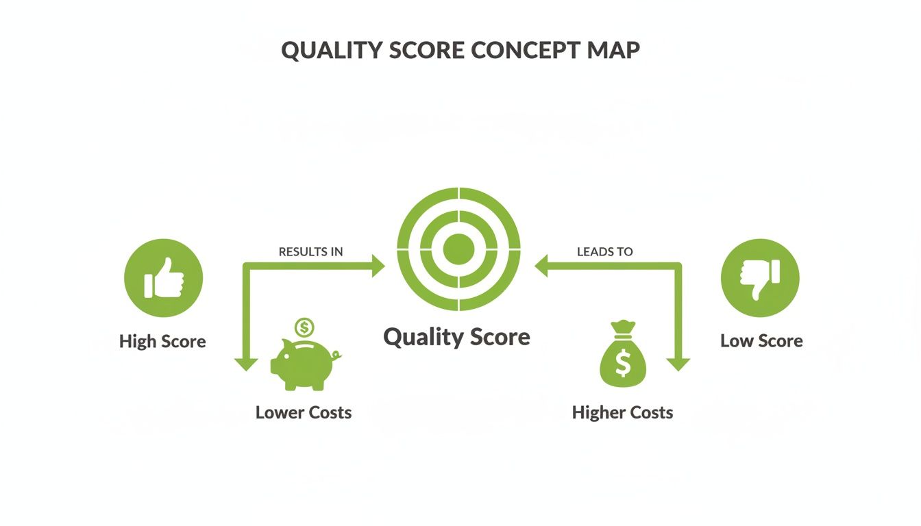 Concept map illustrating how a high quality score results in lower costs, while a low score leads to higher costs.