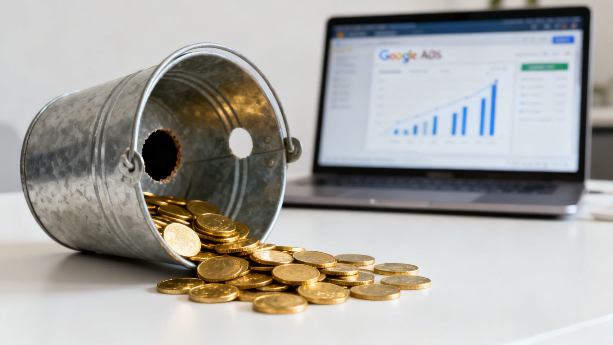 A metal bucket spilling gold coins, with a laptop showing a Google Ads growth chart.